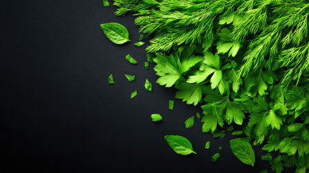 Close-up of chopped herbs like parsley and dill with scattered leaves and copy space on the sideの素材