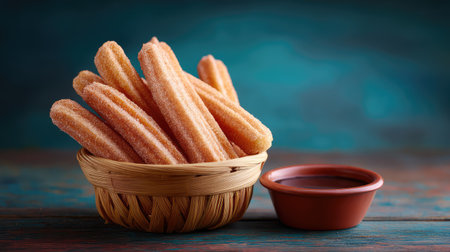 Cinnamon sugar-coated churros arranged in basket with dipping chocolate on rustic tableの素材