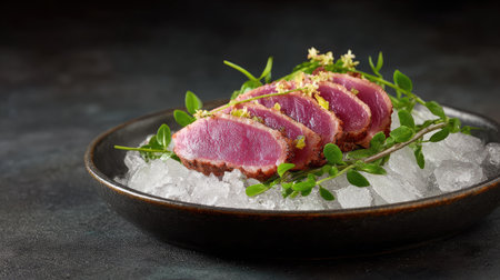 Chilled duck breast fillets on crushed ice over dark tray with herbs and minimal backgroundの素材