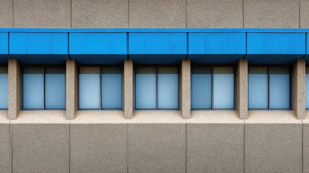 Close-up of commercial building exterior wall featuring textured concrete and window panels with copy spaceの素材