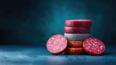 Chilled salami slices stacked beside whole sausages on a cold surface with room for brandingの素材