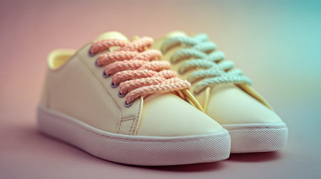 Close-up of shoelaces tied neatly on plain casual shoes against soft pastel backgroundの素材