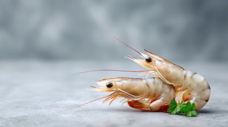 Close-up of chilled raw shrimp with texture details on cold background and space for textの素材