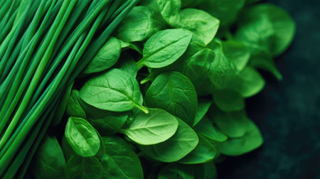 Close-up of chopped herbs and leafy greens filling one side of the frame with space on the otherの素材