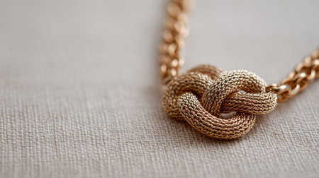 Close-up of intricate hand chain jewelry on beige linen background with negative spaceの素材