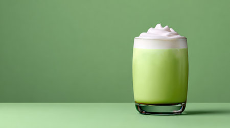 Cold matcha latte in a transparent glass cup on pale green background with clean spaceの素材