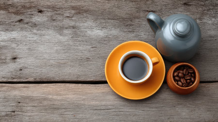 Coffee set arranged on rustic wood with espresso cup, milk jug, and coffee beans with empty area for overlayの素材