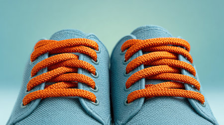 Close-up of shoelaces tied neatly on plain casual shoes against soft pastel backgroundの素材