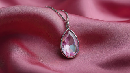 Delicate necklace with crystal pendant on pink satin fabric with empty copy spaceの素材