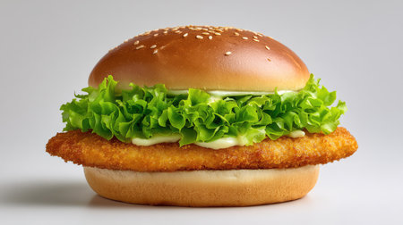 Crispy fish fillet sandwich on bun with tartar sauce and lettuce, placed on white background with copy spaceの素材