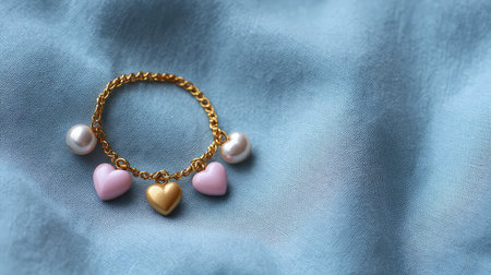 Feminine charm bracelet with hearts and pearls on soft cloth background with space aroundの素材