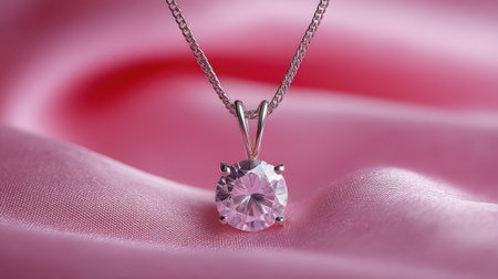 Delicate necklace with crystal pendant on pink satin fabric with empty copy spaceの素材