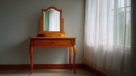 Elegant wooden dressing table with mirror and drawer, placed near a window with sheer curtains, and empty surface spaceの素材