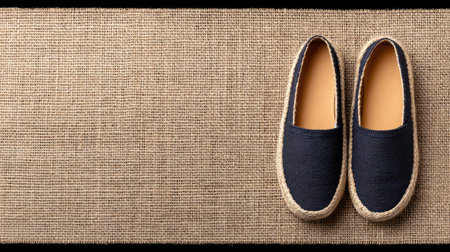 Flat lay of summer espadrilles on natural woven mat background with layout space to one sideの素材