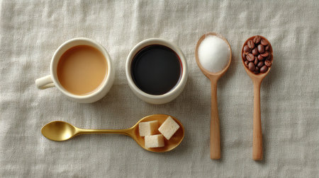 Flat lay of coffee cups, spoons, sugar cubes, and coffee beans on linen fabric with soft natural light and spaceの素材