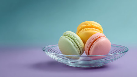 Elegant display of macarons in pastel colors on a glass plate with soft shadows and wide empty backgroundの素材