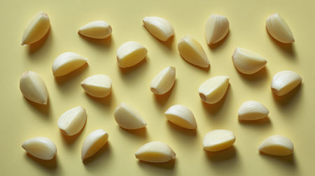 Flat lay of chopped and whole garlic cloves arranged with shadows and ample spaceの素材