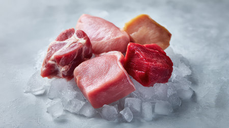 Flat lay of raw meat assortment including pork, lamb, and beef on ice bed with empty areaの素材