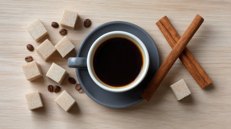 Flat lay of coffee cup, cinnamon sticks, sugar cubes, and coffee beans arranged on light wood with negative spaceの素材