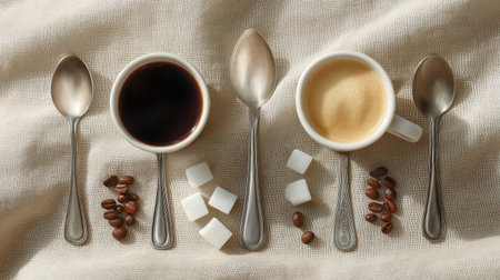 Flat lay of coffee cups, spoons, sugar cubes, and coffee beans on linen fabric with soft natural light and spaceの素材