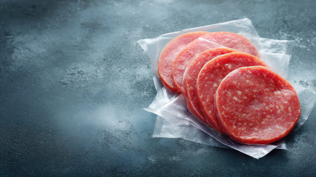 Flat lay of frozen meat slices in vacuum packs over icy surface with soft shadows and copy spaceの素材