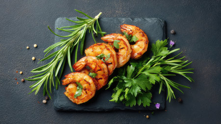 Flat lay of grilled shrimp with char marks placed beside herbs and minimal props with spaceの素材