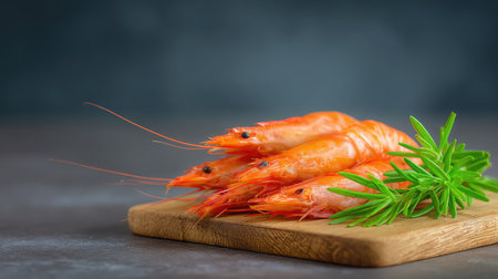 Fresh prawns on a wooden board with scattered herbs and copy space to the right sideの素材