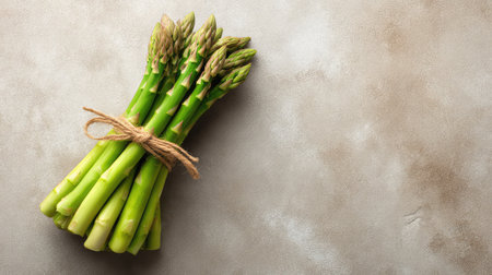 Fresh asparagus stalks tied with string on neutral stone surface with elegant copy spaceの素材