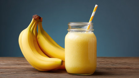Fresh banana smoothie in clear jar with whole bananas on wooden table and clean backgroundの素材