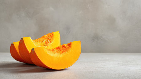 Fresh pumpkin wedges on a rustic background with soft shadows and empty copy space for textの素材