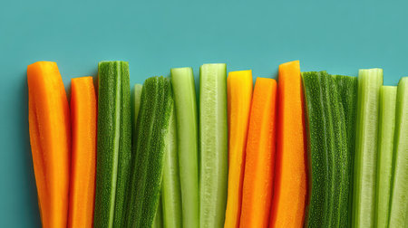Fresh vegetable sticks such as carrots, cucumbers, and celery arranged in rows with spaceの素材