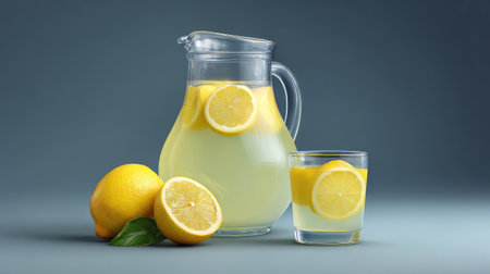Fresh lemonade in a transparent pitcher and glass with sliced lemons and empty area for designの素材