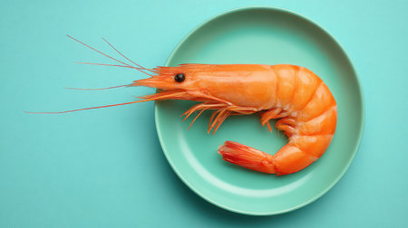 Fresh shrimp with tail curled placed on a simple plate over clean textured backgroundの素材