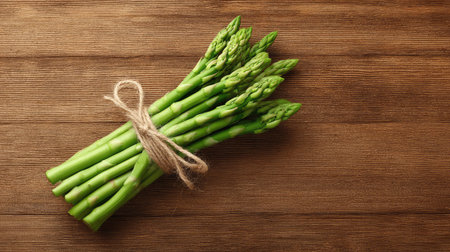 Fresh asparagus spears tied in a bunch with twine, laid diagonally on a clean wooden background with spaceの素材