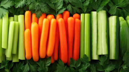 Fresh vegetable sticks such as carrots, cucumbers, and celery arranged in rows with spaceの素材