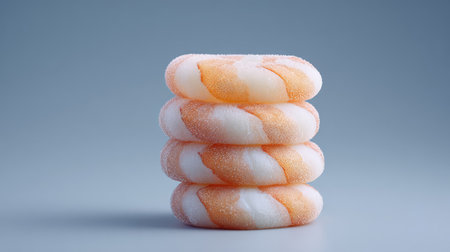 Frozen shrimp rings stacked with frost on light background and room for designの素材