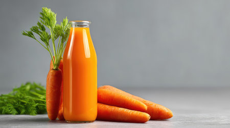 Fresh carrot juice in a glass bottle with raw carrots on a neutral surface and layout spaceの素材