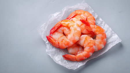 Frozen shrimp blocks unwrapped and placed on a neutral surface with clean spaceの素材