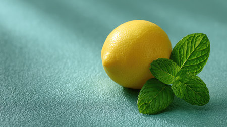 Fresh lemon and mint leaves placed on textured surface with natural light and clear copy spaceの素材