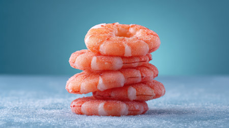 Frozen shrimp rings stacked with frost on light background and room for designの素材