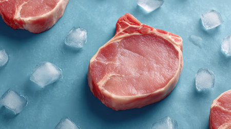 Fresh pork chops on a cold metal background with scattered ice and room for brandingの素材
