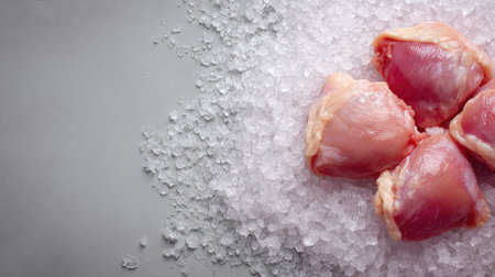 High angle shot of chicken thighs arranged on crushed ice with copy space in the cornerの素材