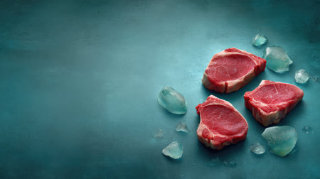 Fresh pork chops on a cold metal background with scattered ice and room for brandingの素材