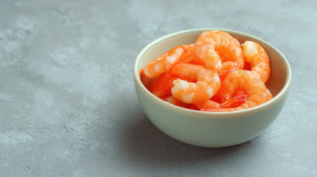 High angle of peeled cooked shrimp in a small bowl placed on textured neutral surface with copy spaceの素材