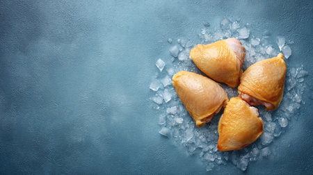 High angle shot of chicken thighs arranged on crushed ice with copy space in the cornerの素材
