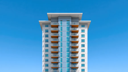High-rise office building exterior with balconies and modern style architecture, clean blue sky background and empty areaの素材