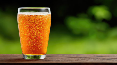 Glass of kombucha with bubbles forming at the top placed on a wooden surface with open areaの素材