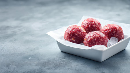Isolated tray of raw meatballs placed on crushed ice and white paper with minimal designの素材