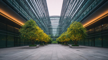 Large office complex with sleek steel beams and glass windows, open plaza and walkway with empty spaceの素材