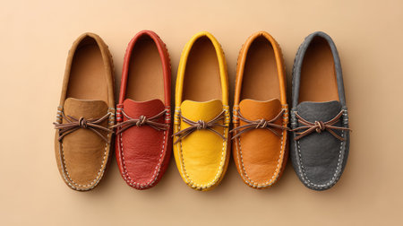 Leather moccasins arranged symmetrically on beige background with copy space to the sideの素材